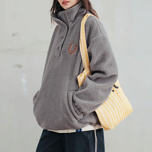 Women's Casual Half-Placket Fleece Sweatshirt with Turtleneck and Hood, Grey.
